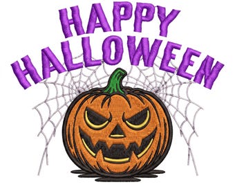 Disegno per ricamo di una zucca di Halloween con ragnatela (file digitale)