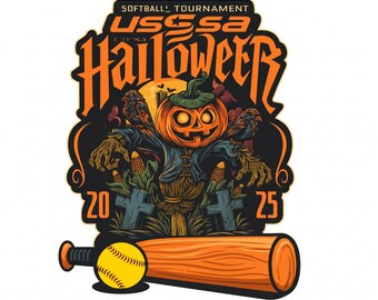 USSSA Halloween Softball Tournament Design, Spooky Pumpkin Scarecrow with Bat and Ball, Fall Sports Vector Graphic Instant Download