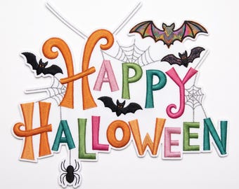 Happy Halloween Embroidery Design – Colorful Bats, Spiderwebs (Digital File)