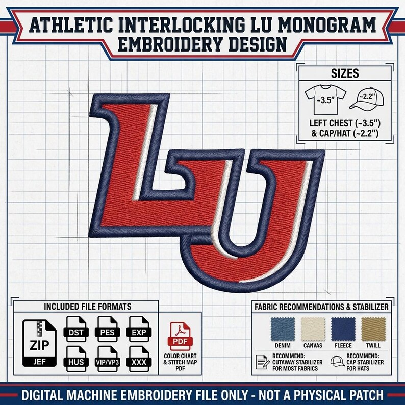 May include: An athletic interlocking LU monogram embroidery design featuring red letters with white and navy blue outlines. The digital file includes sizes for a 3.5-inch left chest and a 2.2-inch cap, with various file formats and fabric recommendations.