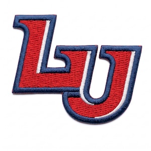 May include: An embroidered patch featuring the letters LU in a collegiate font. The letters are filled with red thread, outlined in a thin white border, and finished with a thick navy blue border. The design has a textured, stitched appearance.