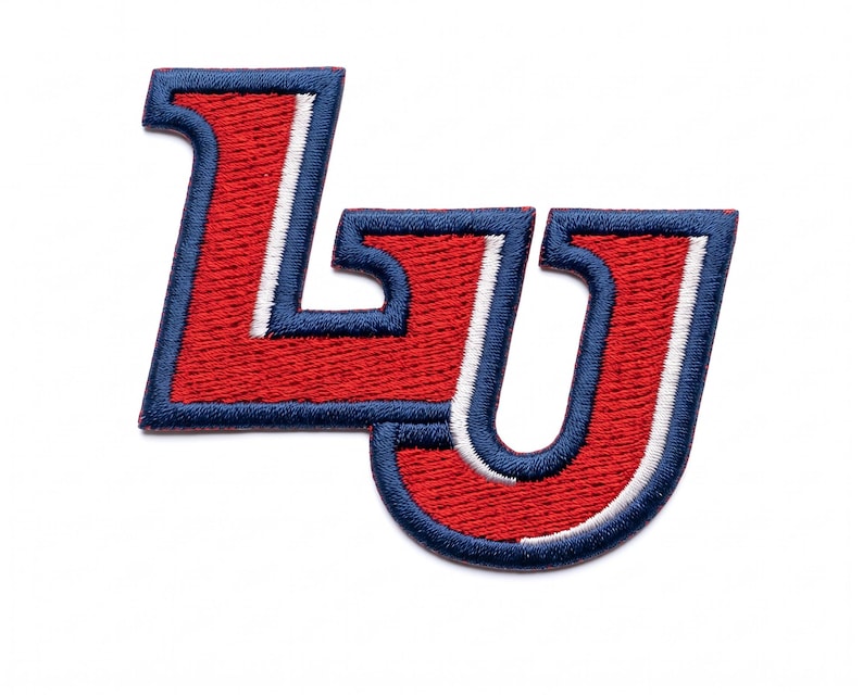 May include: An embroidered patch featuring the letters LU in a collegiate font. The letters are filled with red thread, outlined in a thin white border, and finished with a thick navy blue border. The design has a textured, stitched appearance.