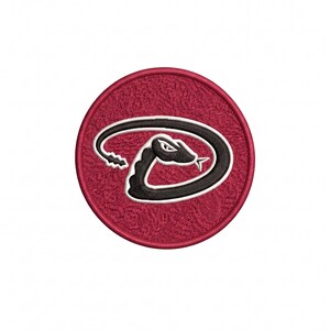 May include: A circular embroidered patch featuring a dark red background with a black snake coiled into the shape of the letter D. The snake has white outlines, a visible eye, and a forked tongue, all rendered in detailed thread work.