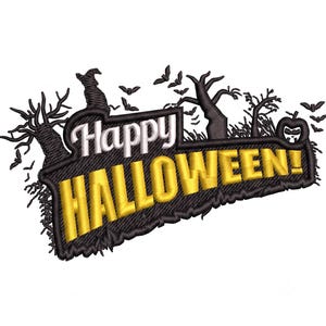 May include: An embroidered patch featuring the text Happy HALLOWEEN! in white and gold thread. The design includes black stitched silhouettes of a witch hat, bare trees, flying bats, and a small pumpkin icon, all outlined in black thread.
