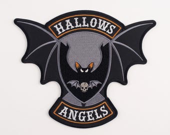 Hallows Angels Bat Machine Embroidery Design - Spooky Motorcycle Rocker Patch Halloween Crest DIGITAL FILE ONLY