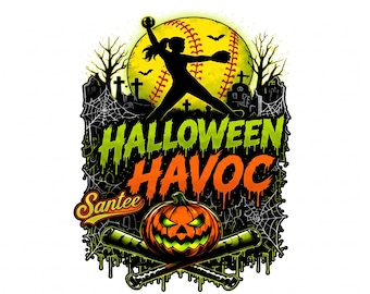Halloween Softball Havoc Vector Design, Spooky Baseball Pumpkin Pitcher SVG, Fall Sports Tournament Digital Files