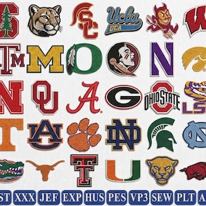 Puede incluir: Una colección de parches bordados con varios logotipos, mascotas y letras de deportes universitarios en diversos colores, dispuestos en una cuadrícula, con una fila de iconos rectangulares azules en la parte inferior etiquetados como DST, XXX, JEF, EXP, HUS, PES, VP3, SEW, PLT, ART.