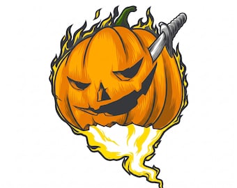 Poignard citrouille d'Halloween SVG, citrouille d'Halloween maléfique avec épée PNG, fichier de découpe d'horreur enflammée, design vectoriel gothique effrayant pour t-shirts
