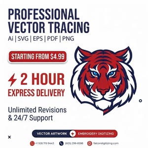 Puede incluir: Un anuncio gráfico digital para servicios de trazado vectorial profesional con una ilustración de una cabeza de tigre roja, blanca y azul. El texto incluye Professional Vector Tracing, Ai, SVG, EPS, PDF, PNG, Starting from $4.99, 2 Hour Express Delivery, Unlimited Revisions & 24/7 Support, Vector Artwork, Embroidery Digitizing y datos de contacto.