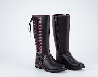 Women Long Biker Footwear, Pink Laces & Stitching, Gothic Punk Motorcycle Combat Style, Edgy Gift