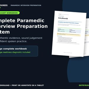 Pode incluir: Um manual digital intitulado EntryRounds Paramedic Interview Preparation System para candidatos do Reino Unido. O documento inclui um caderno de 34 páginas e um diagnóstico de 13 páginas, com texto preto, cabeçalhos azuis e tabelas.