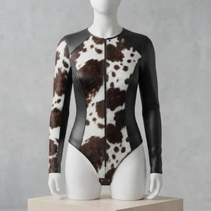 May include: A long-sleeved bodysuit featuring a central panel and sleeves with a brown and white cow print pattern, contrasted by solid black side panels and a full-length front zipper closure, displayed on a white mannequin torso.