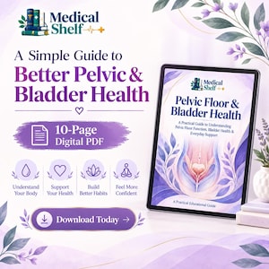 May include: A 10-page digital PDF guide titled A Simple Guide to Better Pelvic & Bladder Health. The document features a tablet display showing the cover with the text Pelvic Floor & Bladder Health, a heart illustration, and floral accents.