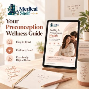 May include: A digital tablet on a wooden stand displays a Fertility & Preconception Health guide. Beside it lies a spiral-bound notebook with the text A Healthier Brighter You, a pen, and a mug labeled Good Health Brighter Days. Text includes Medical Shelf.