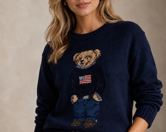 Polo Bear Cotton Knit Sweater,  Ralph Lauren Inspired Casual Long Sleeve, Unisex Crewneck Pullover,