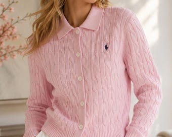Polo Ralph Lauren Unisex Kabelstickad Tröja med Knappar, Slim Fit Långärmad Kofta