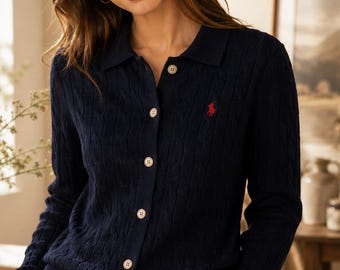 Jersey unisex de punto trenzado con botones de Polo Ralph Lauren, cárdigan de manga larga de corte ajustado.