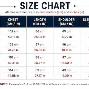 May include: A size chart table for apparel with columns for chest, length, shoulder, and sleeve length in centimeters and inches. Sizes range from S to XL. The text includes a note to allow a 1-3 cm or 0.39-1.18 in difference due to manual measurement.