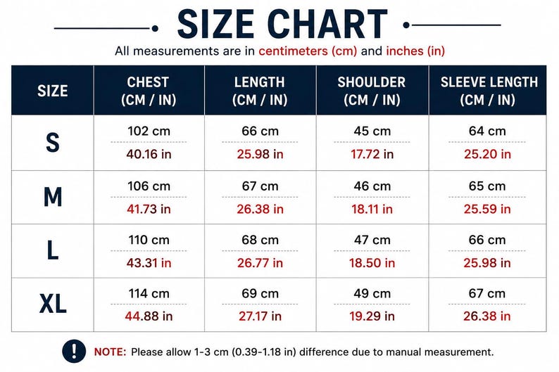 May include: A size chart table for apparel with columns for chest, length, shoulder, and sleeve length in centimeters and inches. Sizes range from S to XL. The text includes a note to allow a 1-3 cm or 0.39-1.18 in difference due to manual measurement.