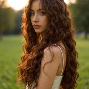 May include: A person with long, wavy, auburn-brown hair styled in loose curls that cascade down their back. The individual is wearing a simple white sleeveless top with thin straps, captured in a soft, natural outdoor setting with warm lighting.