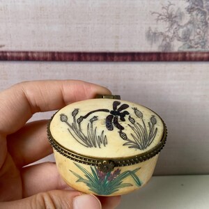 Vintage etsad oval botanisk prydnadsask, mässingsförsedd trollslända och blomma smyckesask, kinesisk blomgraverad liten pillerask, present till henne