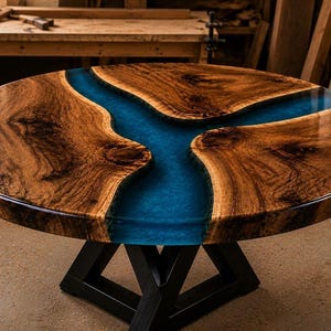 Live Edge Epoxy River Dining Table, Blue Resin Wood Table, Rustic Walnut Table, Handmade Custom Furniture, Modern Farmhouse Table