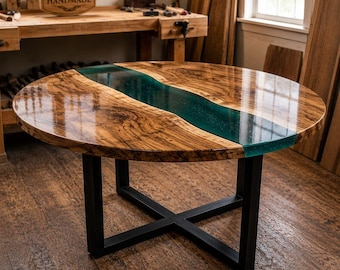 Custom Resin River Coffee Table, Round Wood and Epoxy Center Table, Rustic Modern Living Room Decor, Handcrafted Walnut End Table