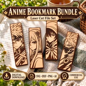 Può includere: Un set di quattro segnalibri rettangolari in legno con illustrazioni di personaggi anime incise al laser. Il testo ANIME BOOKMARK BUNDLE e Laser Cut File Set è visualizzato in alto, con icone per il download digitale.