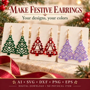 May include: Three pairs of dangling earrings on white display cards. The left pair is green with heart cutouts, the center pair is red with a bell design, and the right pair is purple with a geometric pattern. Text reads: MAKE FESTIVE EARRINGS.
