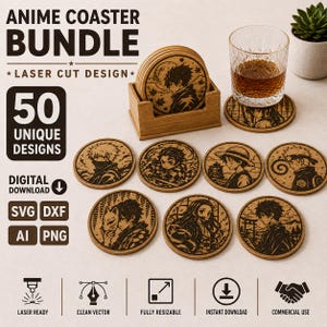 Puede incluir: Un juego de posavasos circulares de madera con diseños de personajes de anime cortados con láser, que incluye un soporte de madera, un vaso de líquido ámbar y el texto ANIME COASTER BUNDLE, 50 UNIQUE DESIGNS, DIGITAL DOWNLOAD, SVG, DXF, AI, PNG, LASER READY.