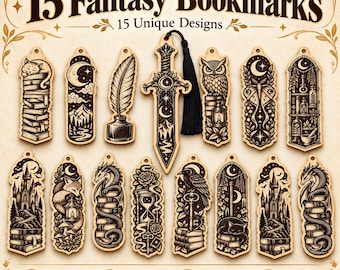 Puede incluir: Un conjunto de 15 marcapáginas de madera con ilustraciones de fantasía grabadas con láser, incluyendo un gato sobre libros, una espada, un búho, un dragón y un castillo. Cada marcapáginas tiene un agujero arriba, uno incluye una borla negra. Texto: 15 Fantasy Bookmarks.