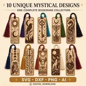 May include: A collection of 10 rectangular wooden bookmarks featuring laser-engraved mystical designs including a sun, moon, raven, key, moth, dragon, owl, sword, scarab, wolf, and potion bottle, each with a matching colored tassel attached.