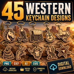 May include: A collection of 45 Western keychain designs featuring laser-cut wooden motifs including a horse head, eagle, covered wagon, guitar, Texas map, snake, revolver, bull skull, roadrunner, and sheriff star, available as digital files.
