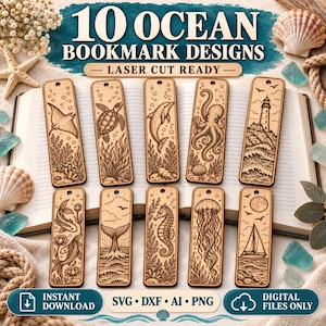 May include: Ten rectangular wooden bookmark designs featuring laser-cut ocean themes including a stingray, sea turtle, dolphin, octopus, lighthouse, koi fish, whale tail, seahorse, jellyfish, and sailboat. Each bookmark has a hole at the top.