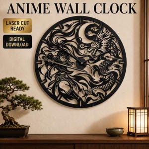 May include: A black circular wall clock featuring a laser-cut design of a warrior holding a sword alongside a dragon and a crescent moon. The text ANIME WALL CLOCK, LASER CUT READY, and DIGITAL DOWNLOAD are visible in the upper left corner.