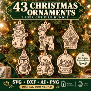 Könnte beinhalten: Ein digitales Set mit 43 Weihnachtsschmuck-Motiven für Laserschnitte, darunter ein Schneemann, Rentier, Lebkuchenhaus, Pinguin, Teddybär und eine Schneekugel. Der Text lautet 43 CHRISTMAS ORNAMENTS LASER CUT FILE BUNDLE und Cut Outside Engrave Inside.