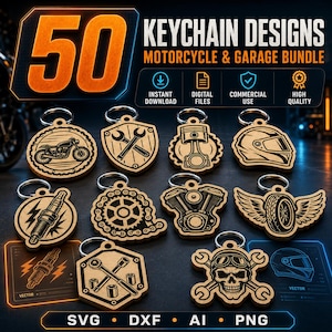 Può includere: Un grafico digitale che mostra 50 design di portachiavi in un pacchetto a tema moto e garage. L'immagine presenta varie icone di portachiavi in stile legno, tra cui una moto, chiavi inglesi, un pistone, un casco, una candela e un teschio.