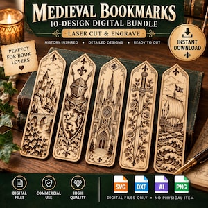 Könnte beinhalten: Ein digitales Set mit 10 lasergeschnittenen Lesezeichen-Designs mit Gravuren von Burg, Ritter, Kathedrale, Schwert mit Rosen und Schiff auf Wellen. Der Text lautet Medieval Bookmarks 10-Design Digital Bundle.