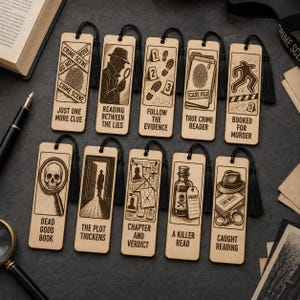 20 bokmärkesdesigner för true crime, laserskurna filer, detektivgravyr (digital nedladdning)