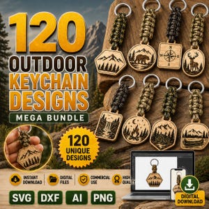Può includere: Una collezione digitale di 120 design di portachiavi da esterno con ciondoli in legno incisi con scene naturali come montagne, orsi, bussole e cervi, attaccati a passanti in paracord intrecciato con etichette di formato.