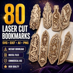 Può includere: Una collezione di otto segnalibri in legno tagliati al laser con disegni fantasy tra cui un drago, una spada, una pozione e un libro. Il testo 80 LASER CUT BOOKMARKS SVG DXF AI PNG è visualizzato sul lato sinistro dell'immagine.