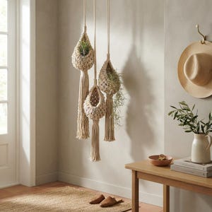 Può includere: Tre supporti per piante in macramè color bianco sporco sospesi al soffitto, ciascuno caratterizzato da una tasca intrecciata a forma di cestino con lunghe nappe decorative. I supporti contengono piccole piante aeree verdi e corda.