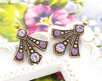 Art Deco Violet Amethyst & Amethyst Opal Austrian Rhinestone Antique Silver, Brass or Antique Brass Earring Dangle 20x16mm -2