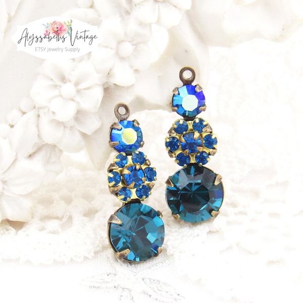 Indicolite, Capri Blue and AB Sapphire Rhinestone Floral Teardrop Earring Dangles, 23x8mm Triple Set Crystal Drops – Pair