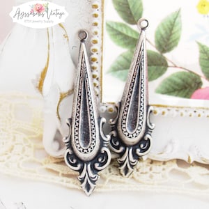 Long Ornate Victorian Antiqued Silver Ox Scroll and Flourish Teardrop Earring Dangles 44mm - 4