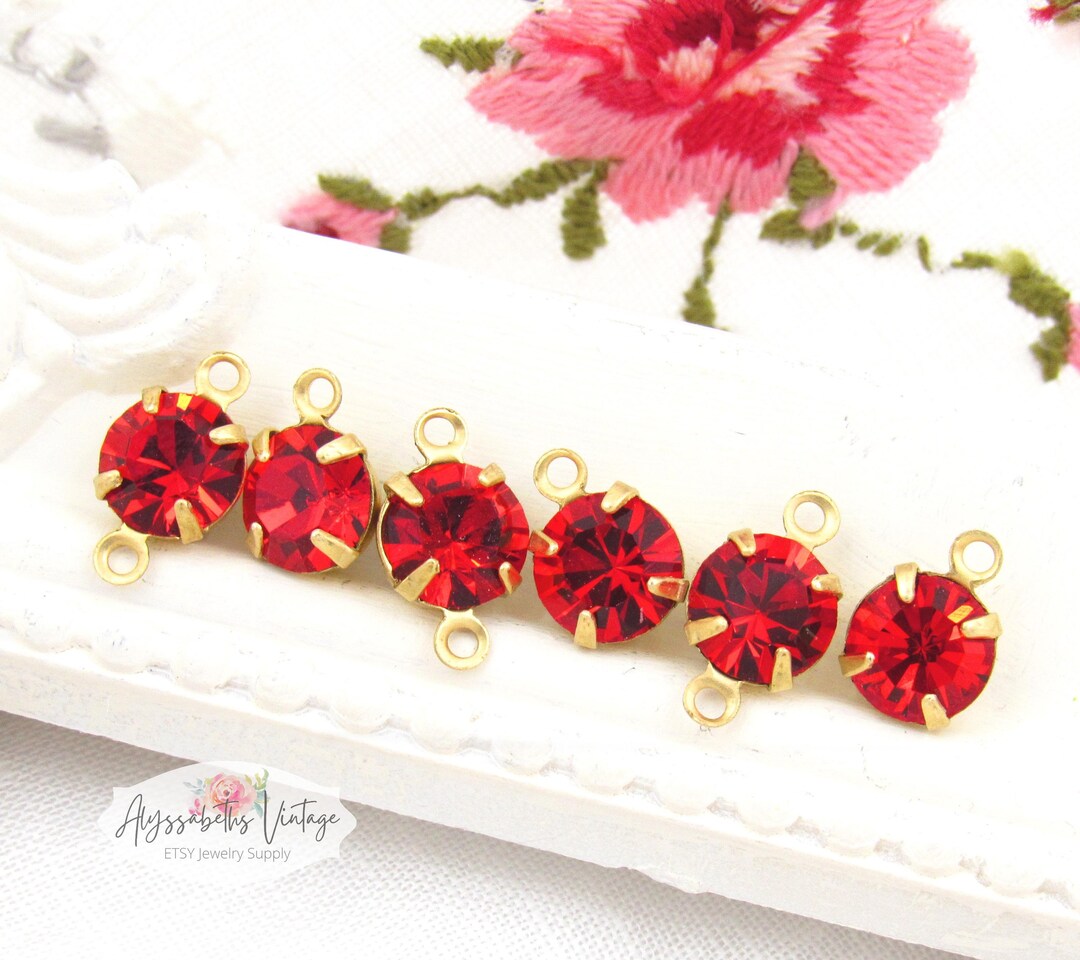 6mm Single Set Ruby Red Crystal Rhinestone Drop or Connector Raw Brass ...