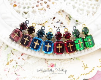 Vintage Intaglio Cross Cameo & Rhinestone Charm or Connectors 16x6mm Amethyst, Emerald, Siam or Blue Zircon Religious Earring Dangles - Pair