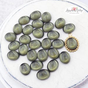 Vintage Oval Black Diamond 10x8mm Buff Top Glass Cabochons, Flat Back Stones Transparent Gray Cabs with Gold Foiled Backs - 6