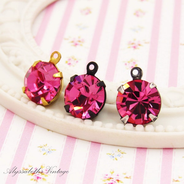Preciosa Dark Rose Pink Rhinestone 11mm Round Set Stone Drop or Connector 47ss Prong Raw Brass, Antique Brass or Silver, Black Settings – 2