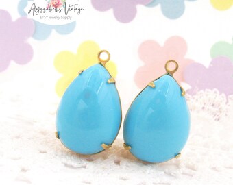 NEW for Spring - Opaque Turquoise Blue Plastic Teardrop Dangles, 18x13mm Acrylic Pear Stones Raw Brass, Silver/Brass Ox Pendant Settings - 2